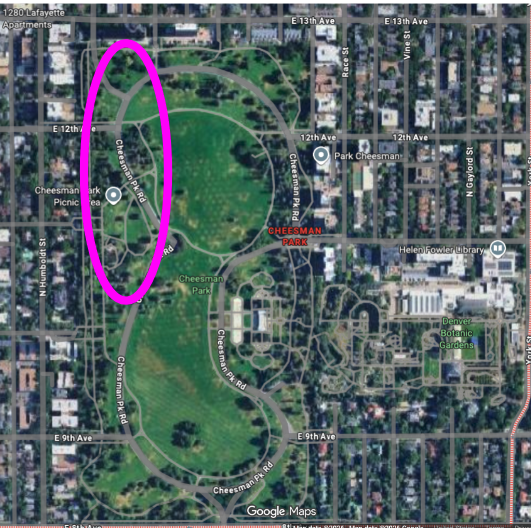 Map of the meeting area in Cheeseman Park, northwest section